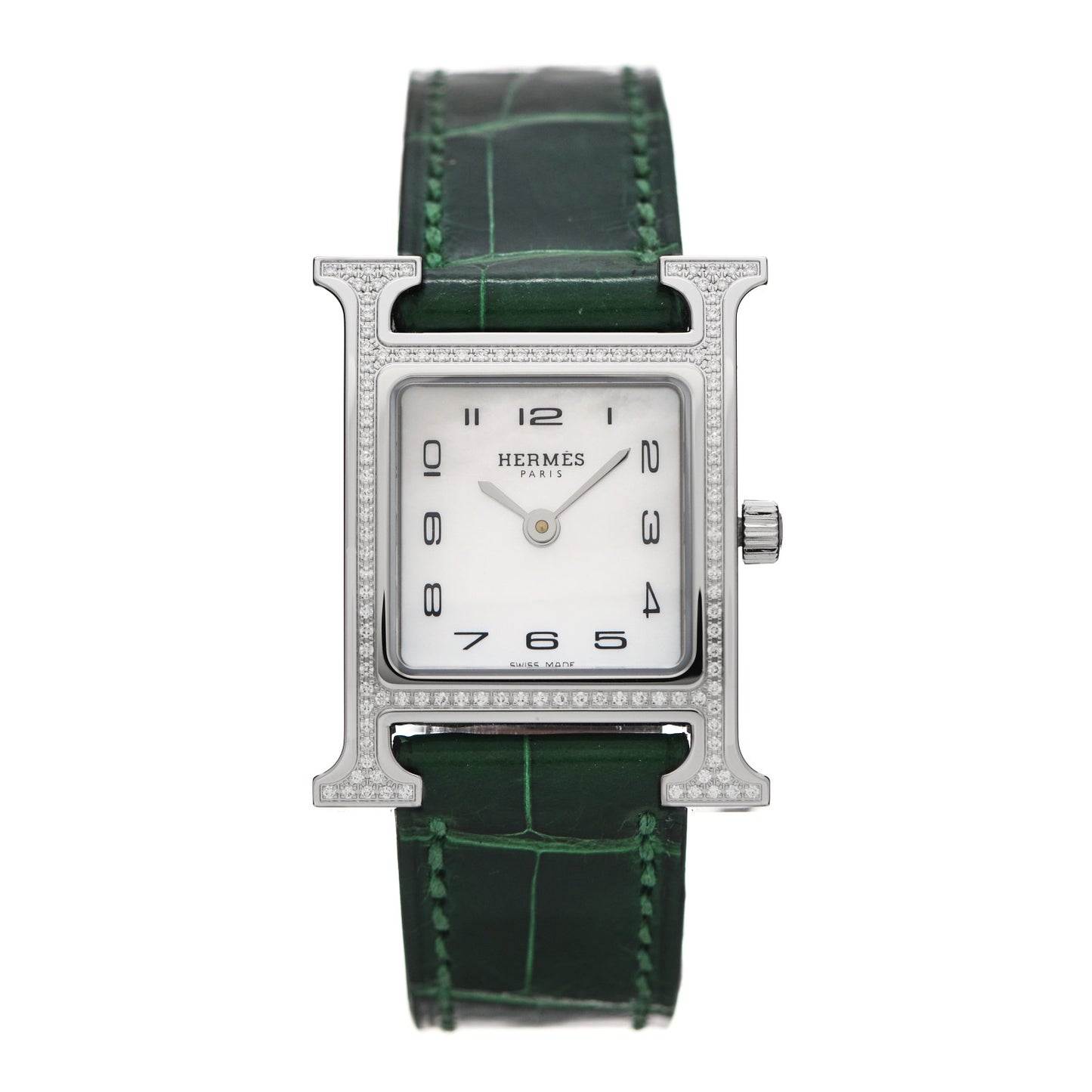 Stainless Steel Alligator Diamond Bezel Mother of Pearl 21mm Heure H Hour Quartz Watch Vert Moyen