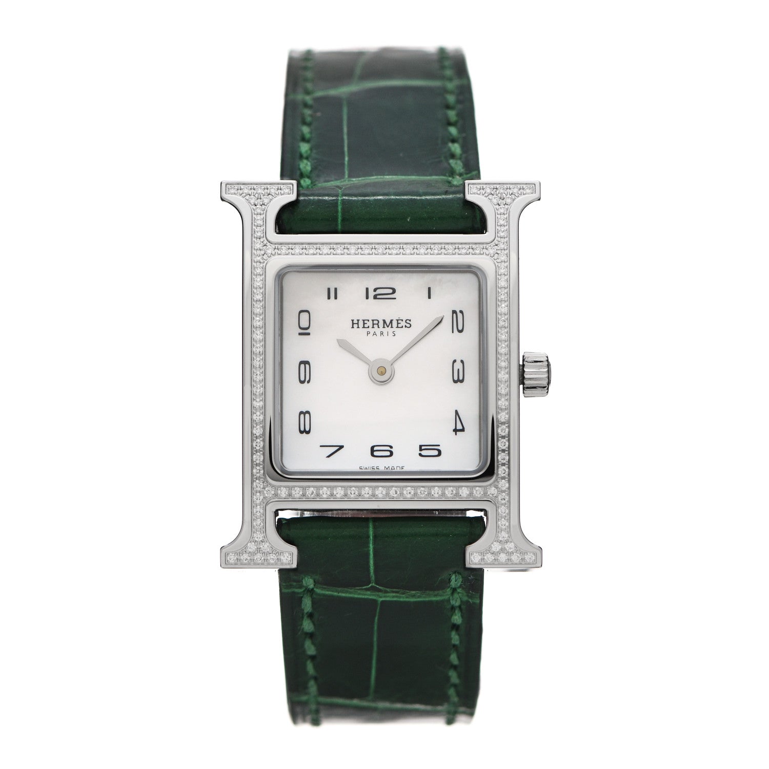 Hermes Stainless Steel Alligator Diamond Bezel Mother of Pearl 21mm Heure H Hour Quartz Watch Vert Moyen 1 of 5