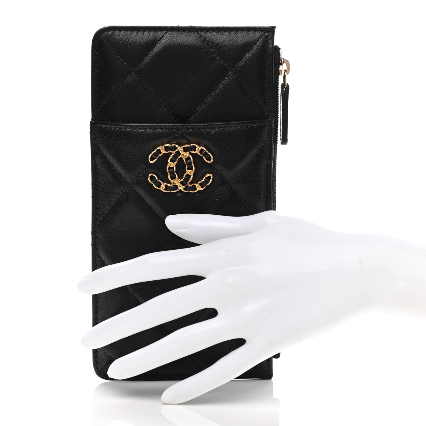 Lambskin Quilted Chanel 19 Phone and Card Holder Black