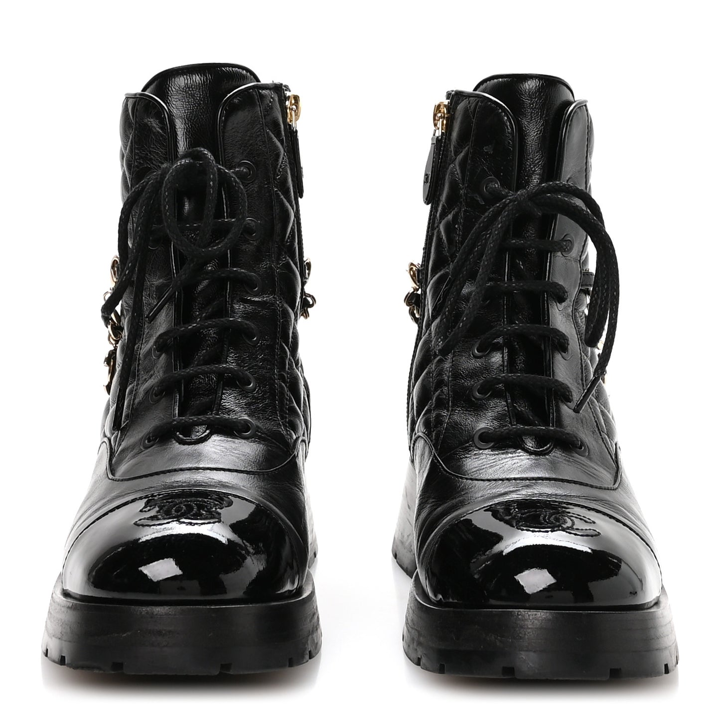 Shiny Calfskin Patent Quilted Chain Lace Up Combat Boots 40 Black