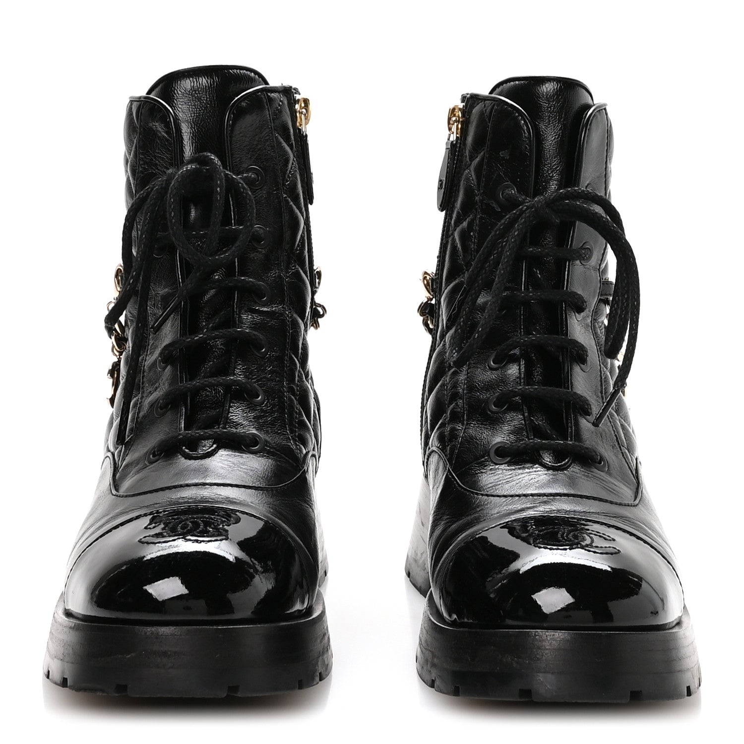 Chanel Shiny Calfskin Patent Quilted Chain Lace Up Combat Boots 40 Black 3 of 9