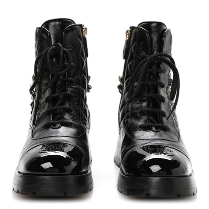 Chanel Shiny Calfskin Patent Quilted Chain Lace Up Combat Boots 40 Black 3 of 9