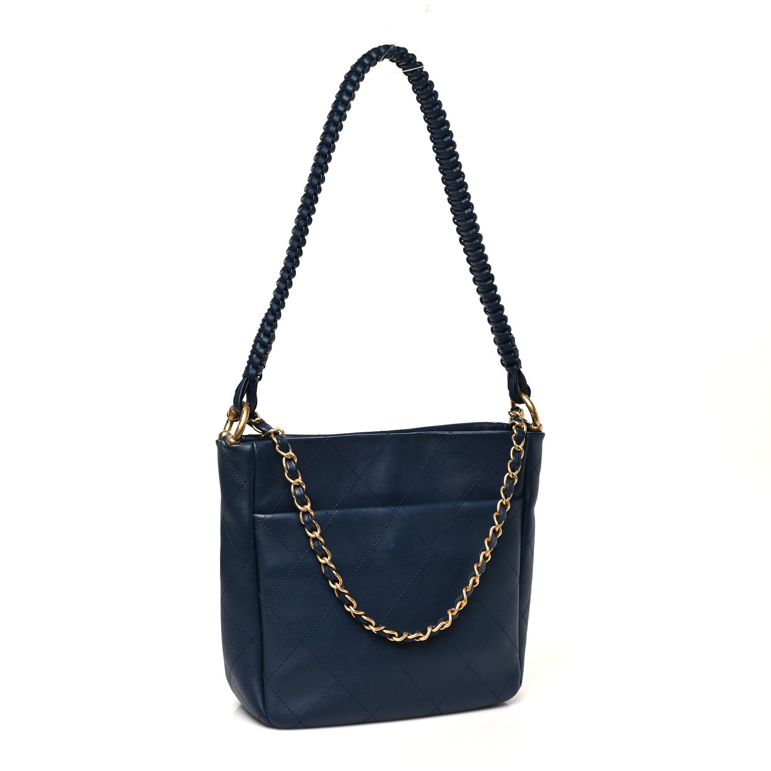 Chanel Calfskin Quilted Braided Handle Chain Hobo Navy Blue 3 of 10