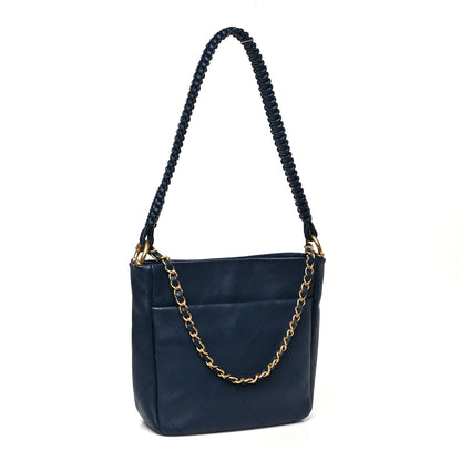Chanel Calfskin Quilted Braided Handle Chain Hobo Navy Blue 3 of 10