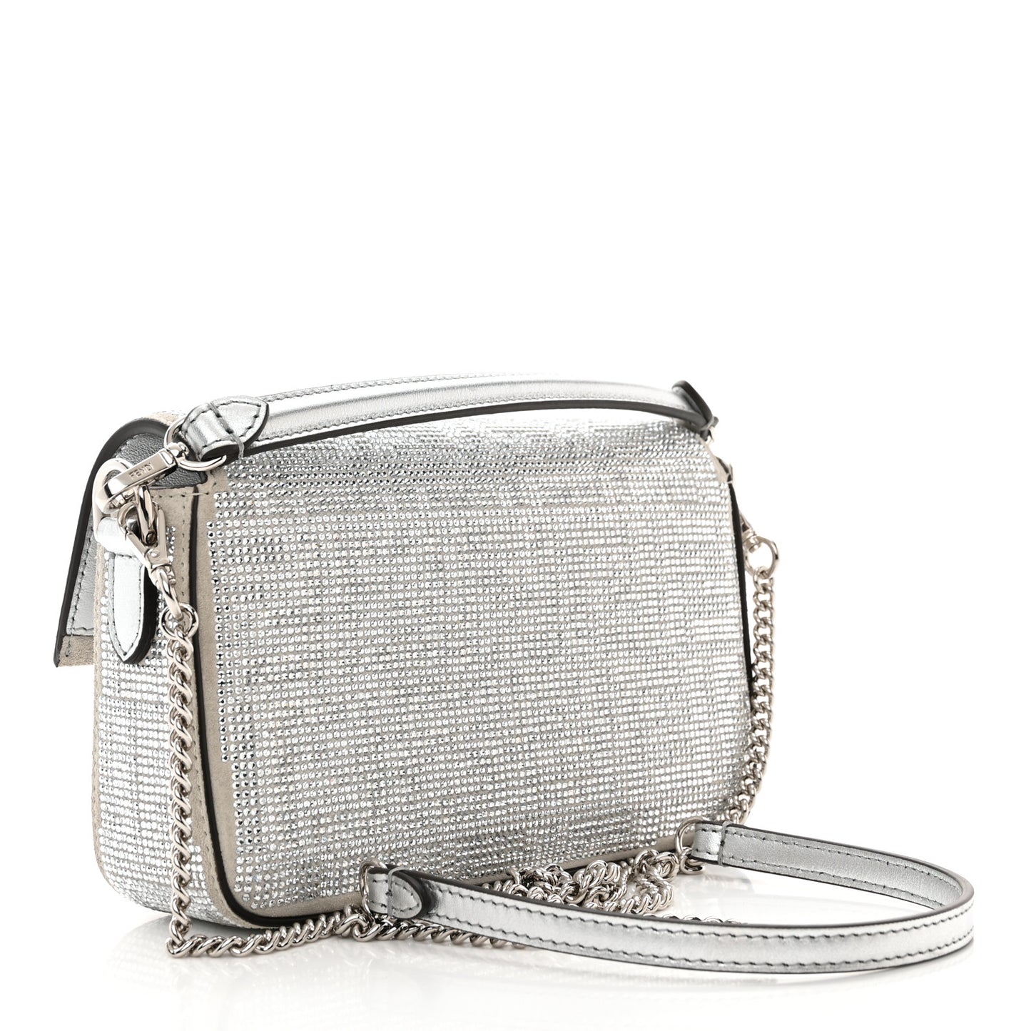 Crystal Vitello Laminato FF Mini Baguette Crystal Argento
