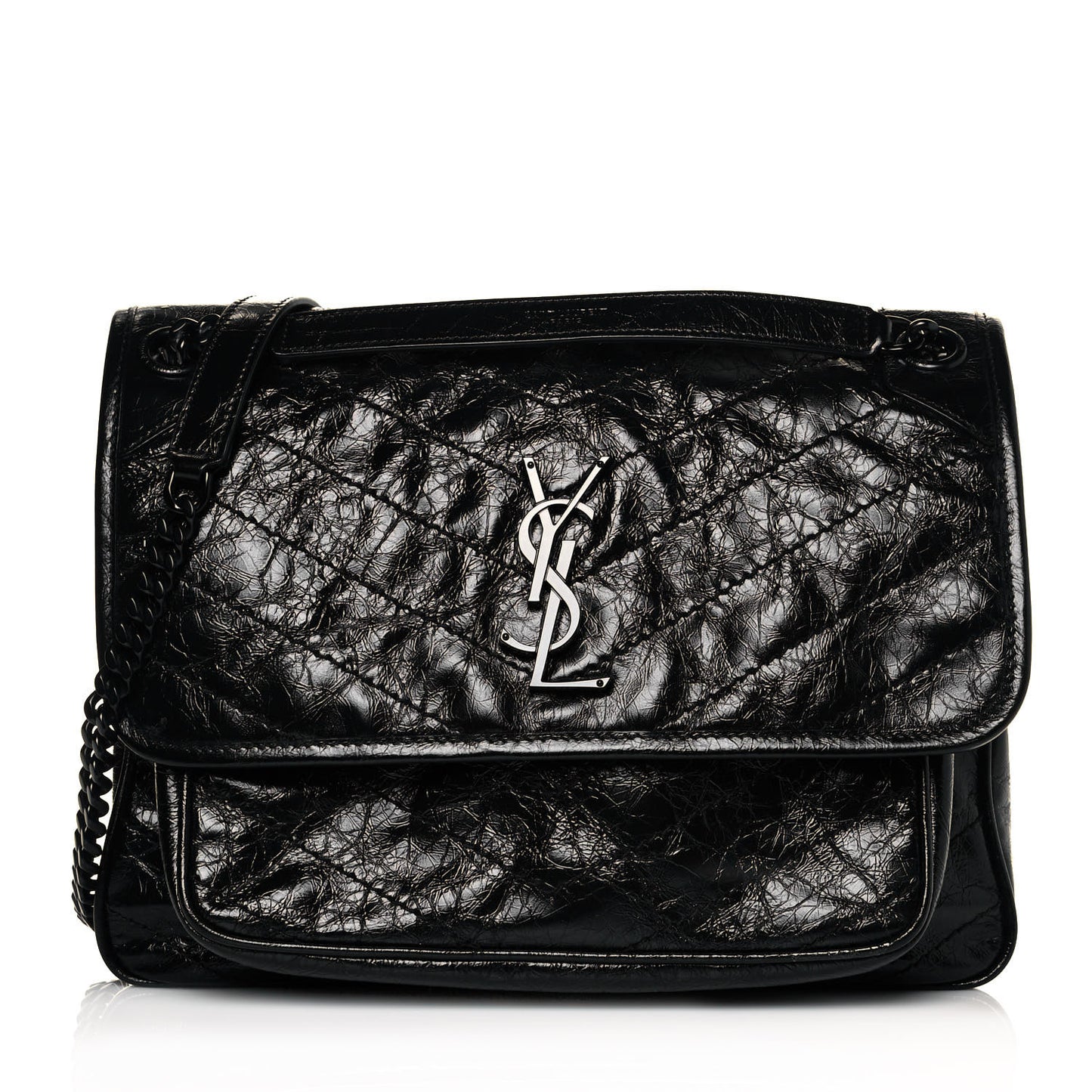 Crinkled Calfskin Matelasse Monogram Medium Niki Chain Satchel Black