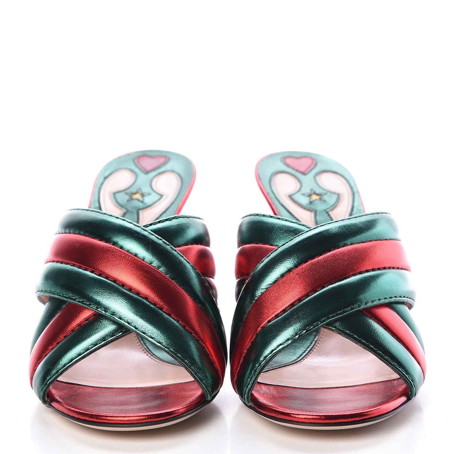 Metallic Nappa Crossover Mid Heel Slide Sandals 38 Green Flame Red