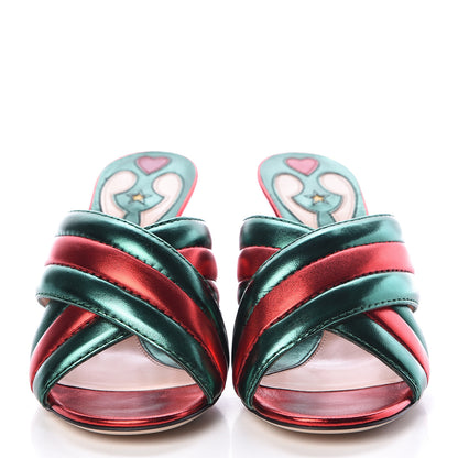 Gucci Metallic Nappa Crossover Mid Heel Slide Sandals 38 Green Flame Red 2 of 10