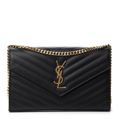 Saint Laurent Grain De Poudre Matelasse Chevron Monogram Chain Wallet Black 1 of 13