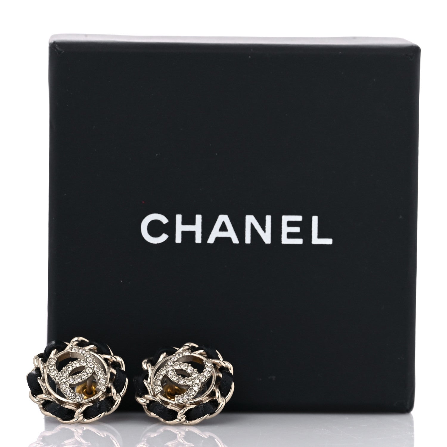 Chanel Crystal Lambskin Chain CC Stud Earrings Black Gold 5 of 5