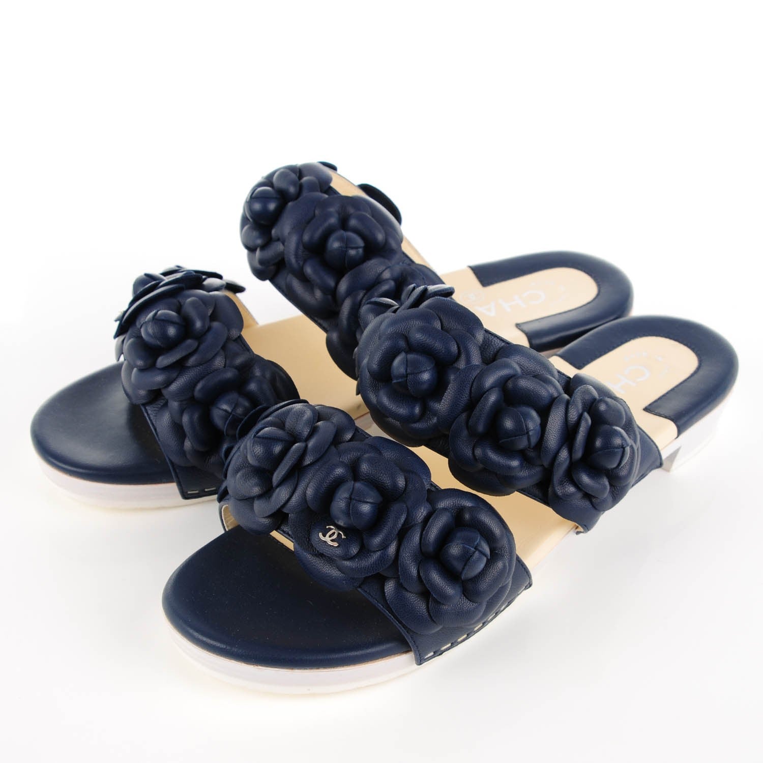 Chanel Lambskin Camellia Sandals 38 Dark Navy Blue 3 of 8