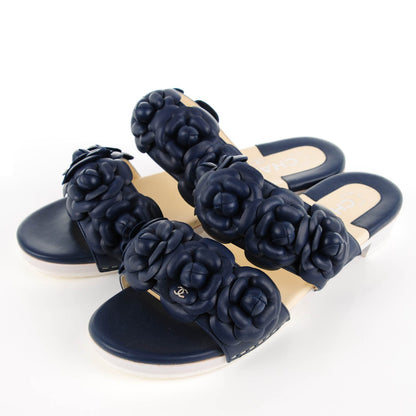 Chanel Lambskin Camellia Sandals 38 Dark Navy Blue 3 of 8