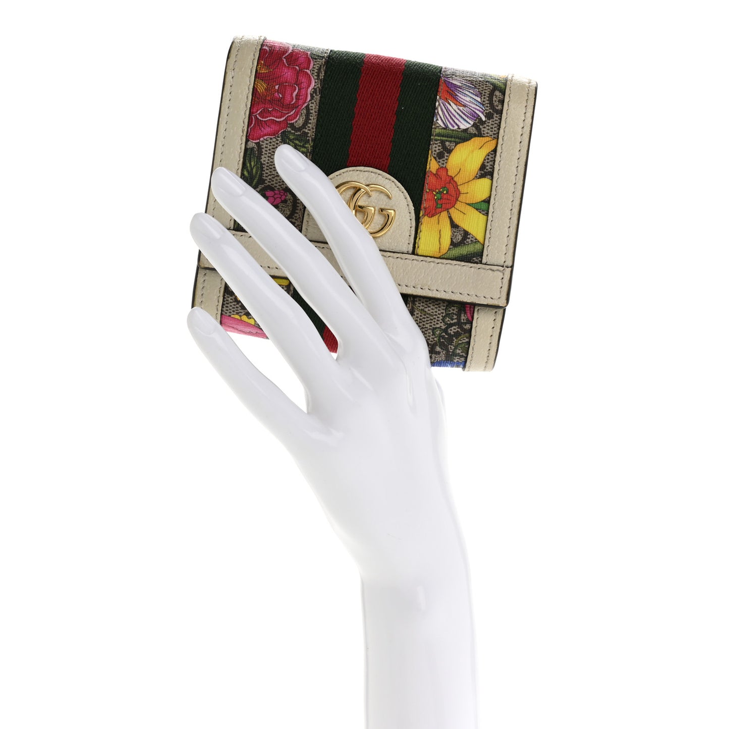 GG Supreme Monogram Flora Textured Calfskin Web Ophidia Card Case Wallet Beige Ebony Multicolor Mystic White