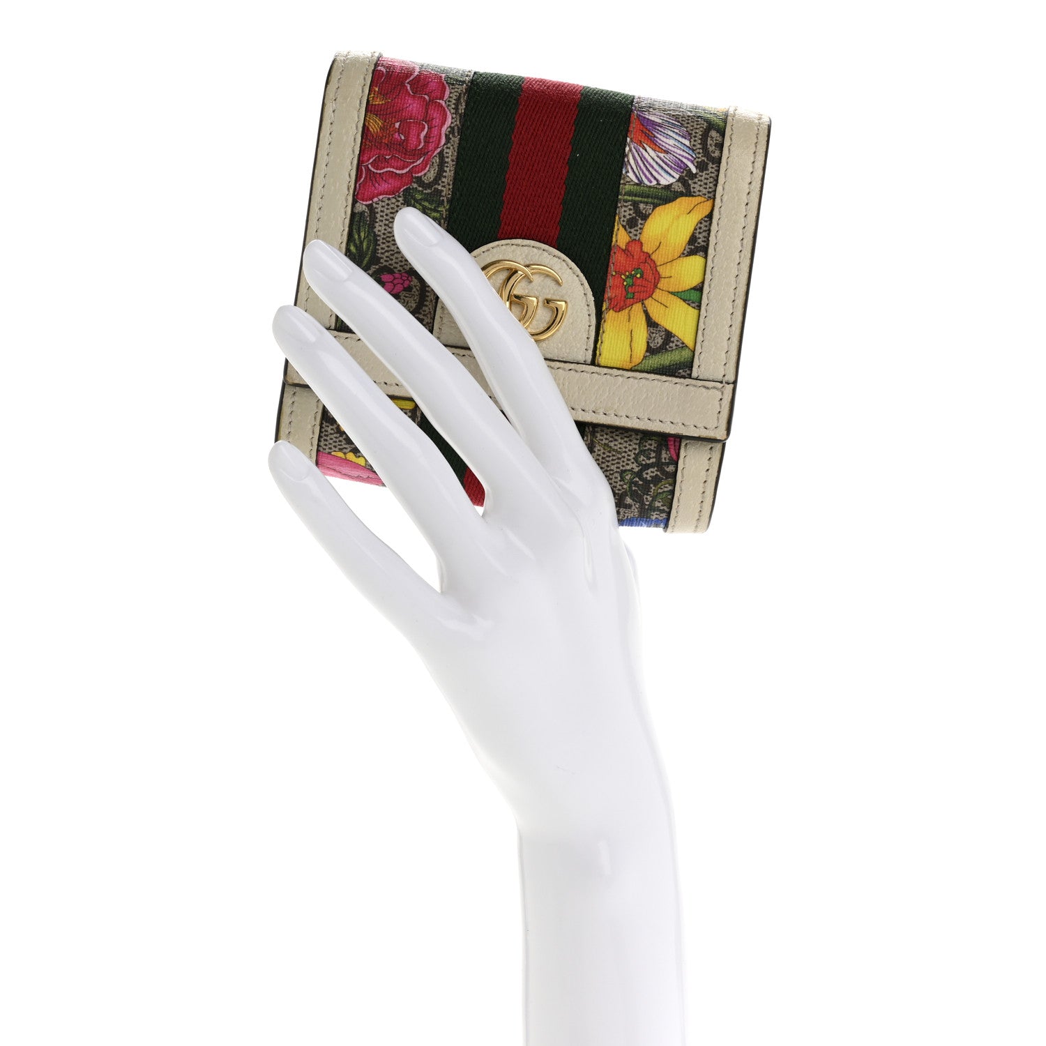 Gucci GG Supreme Monogram Flora Textured Calfskin Web Ophidia Card Case Wallet Beige Ebony Multicolor Mystic White 2 of 13