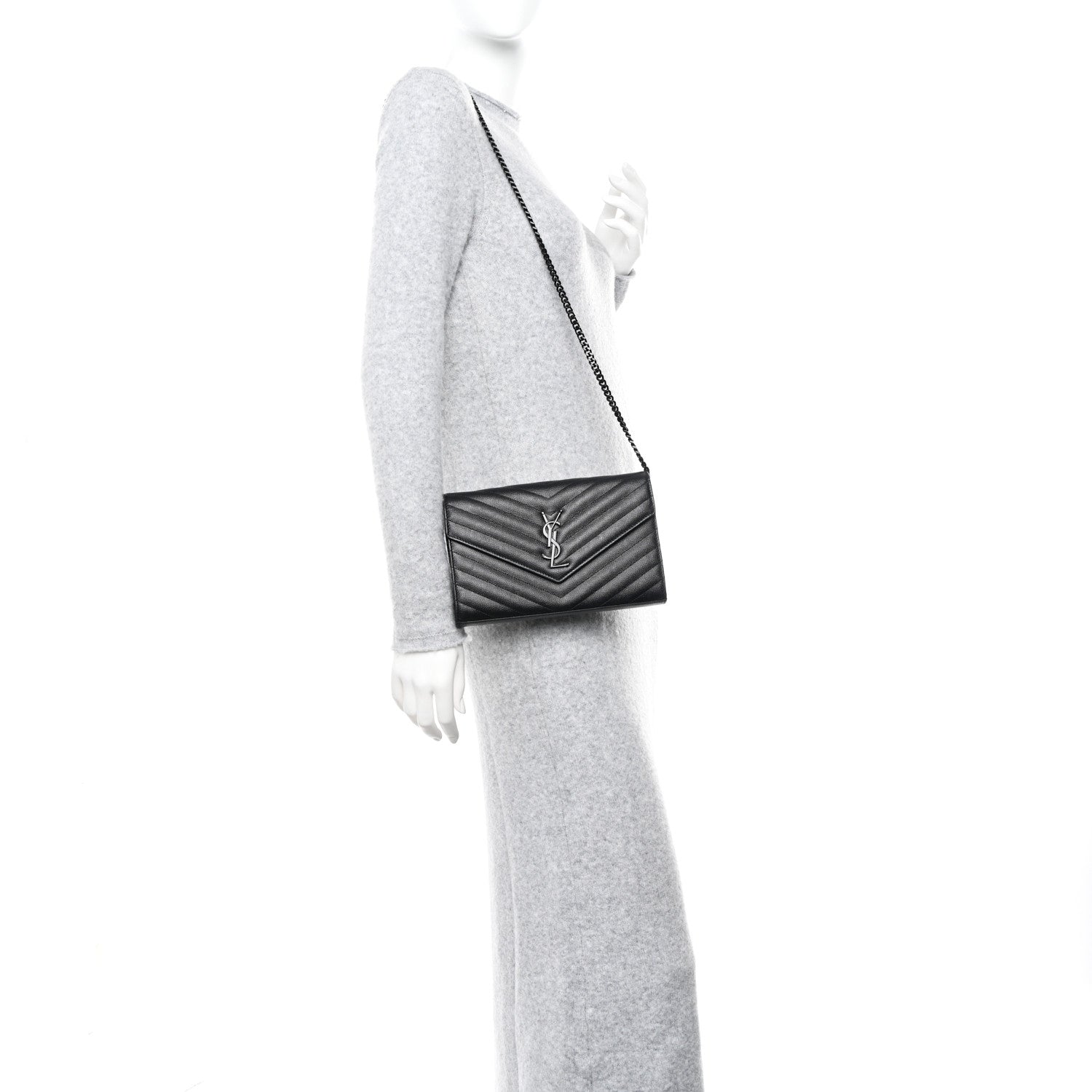Saint Laurent Grain De Poudre Matelasse Chevron Monogram Monochrome Chain Wallet Black 3 of 10