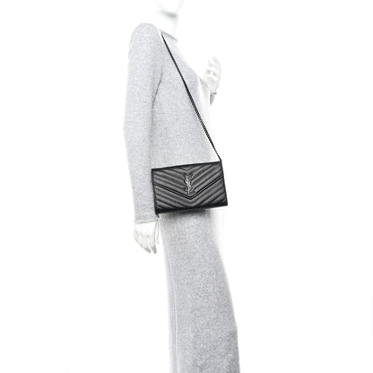 Saint Laurent Grain De Poudre Matelasse Chevron Monogram Monochrome Chain Wallet Black 3 of 10