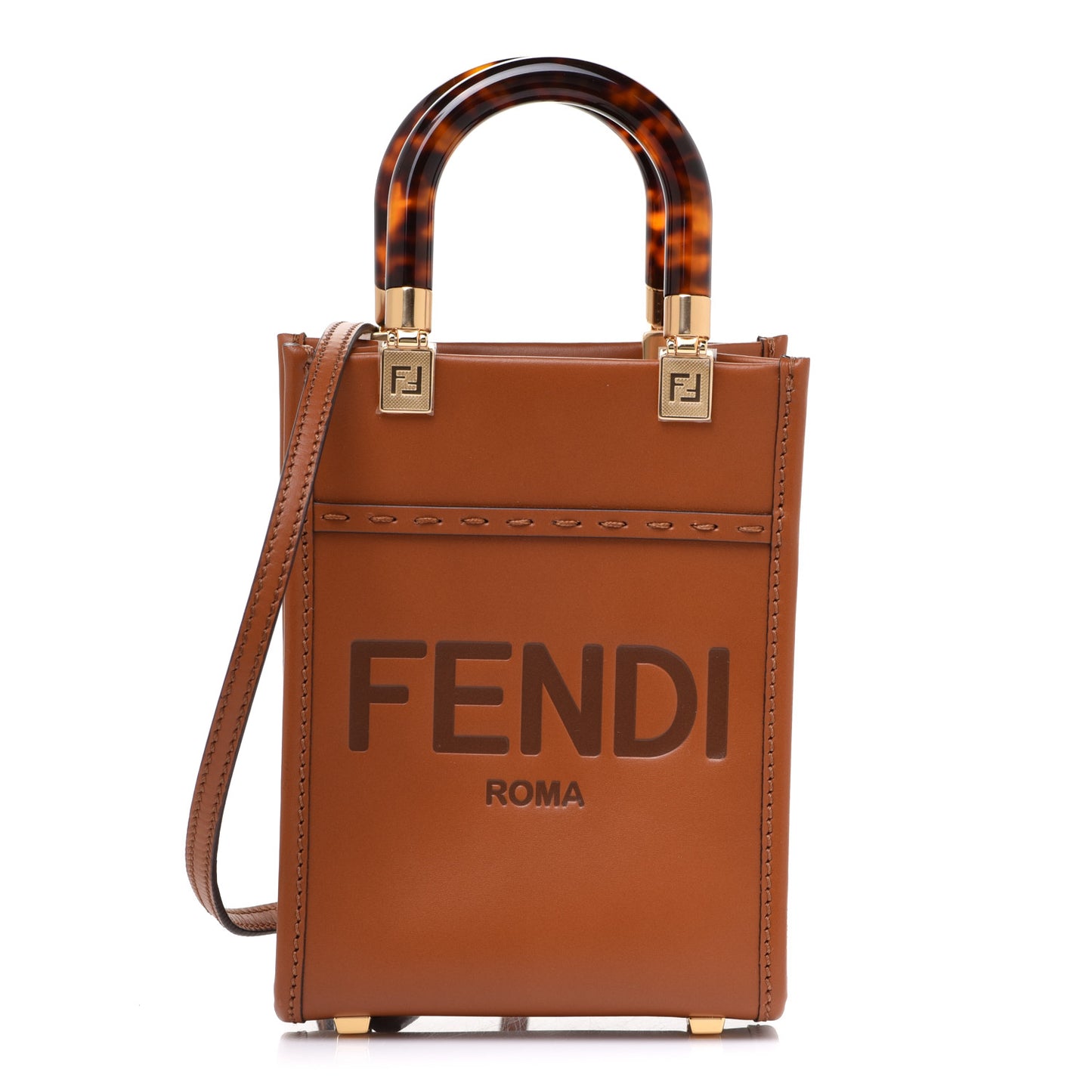 Vitello King Plexiglass Logo Embossed Mini Fendi Sunshine Shopper Tote Cuoio