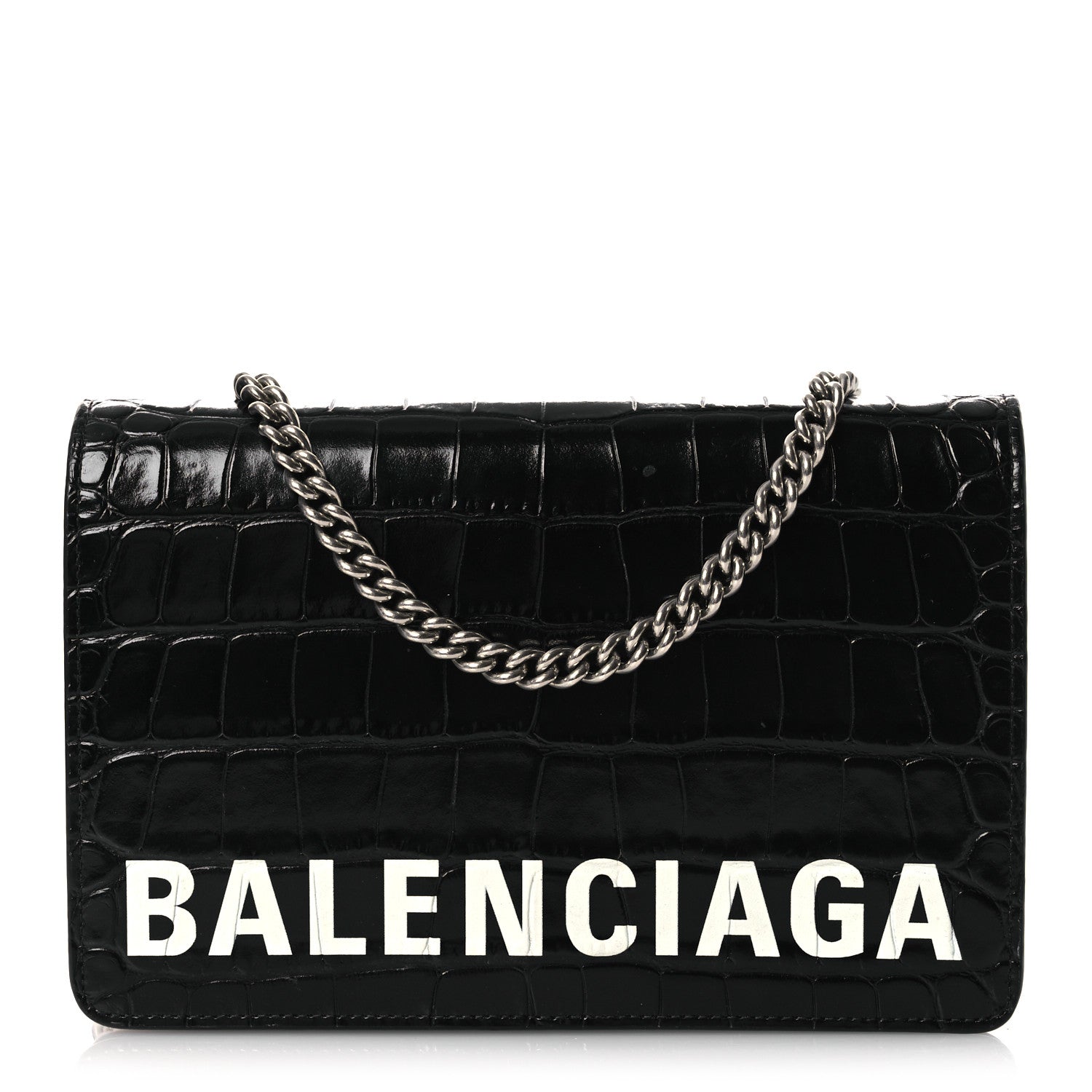 Balenciaga Shiny Calfskin Logo Crocodile Embossed Ville Wallet on Chain Black 1 of 13