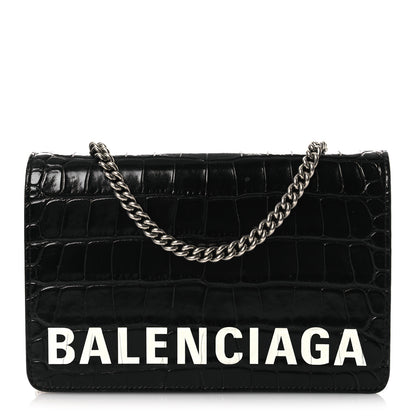 Balenciaga Shiny Calfskin Logo Crocodile Embossed Ville Wallet on Chain Black 1 of 13