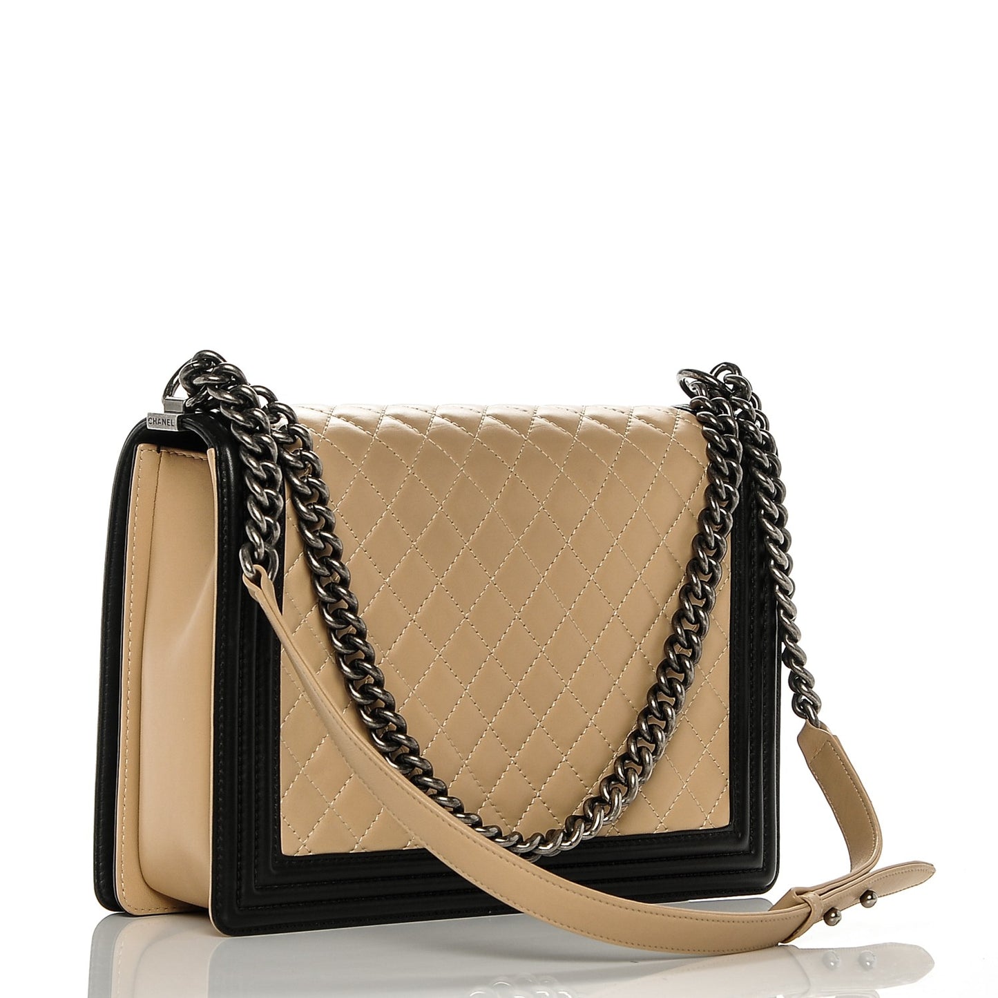 Lambskin Quilted Large Boy Flap Beige Black