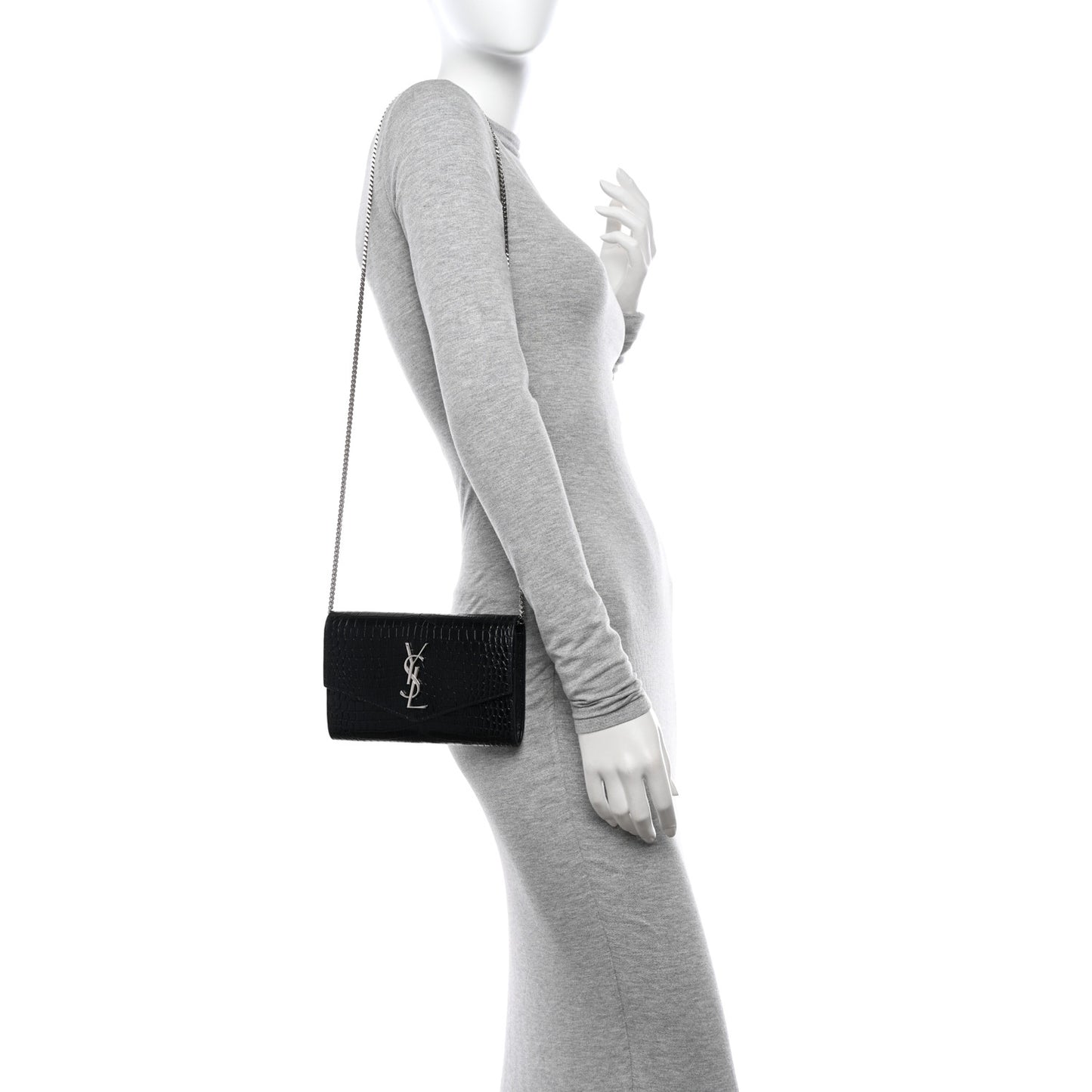 Calfskin Crocodile Embossed Monogram Uptown Chain Wallet Black