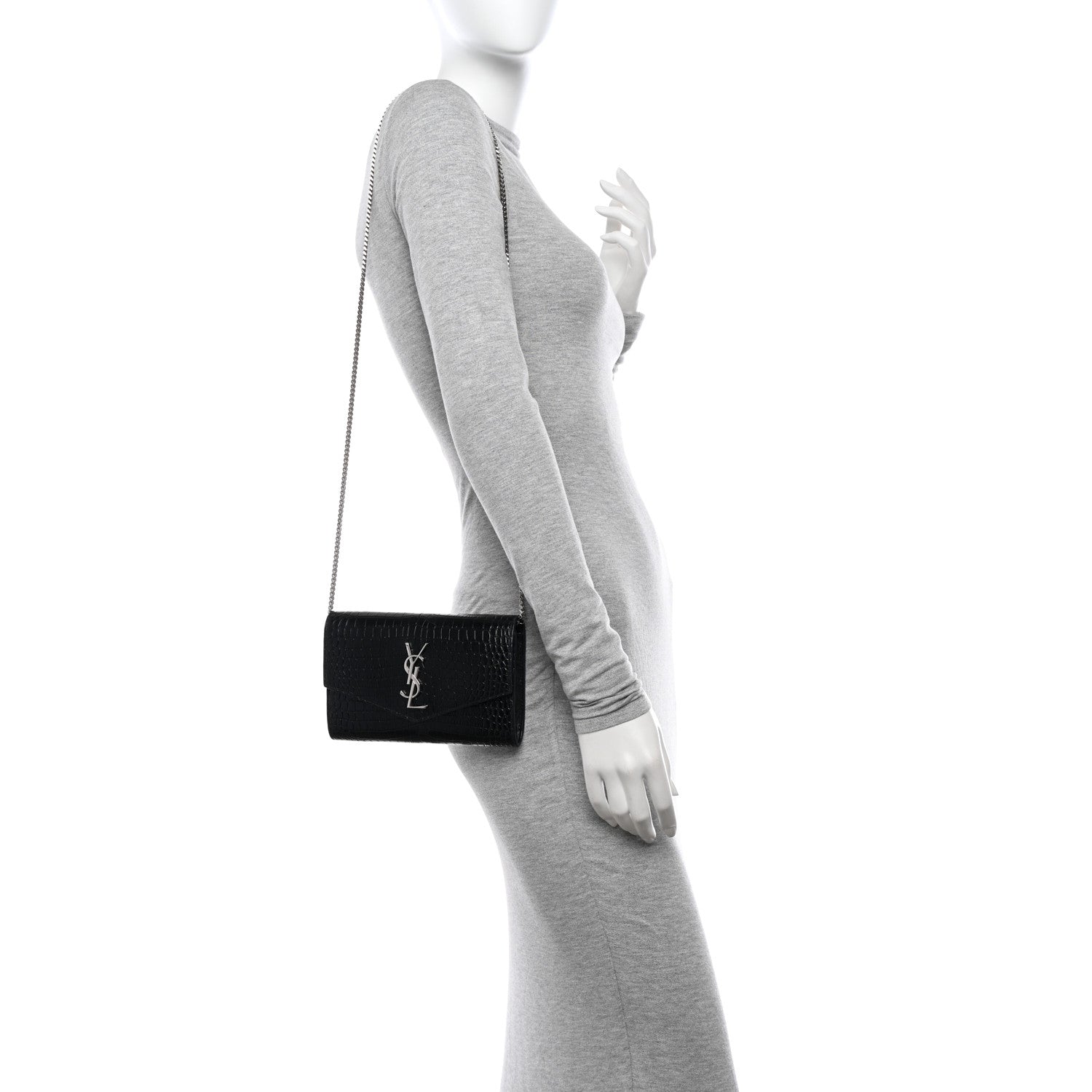 Saint Laurent Calfskin Crocodile Embossed Monogram Uptown Chain Wallet Black 2 of 11