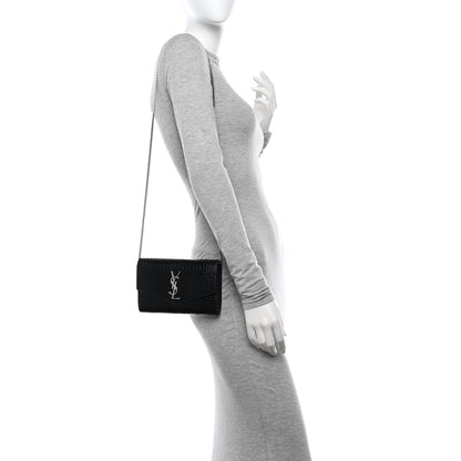 Saint Laurent Calfskin Crocodile Embossed Monogram Uptown Chain Wallet Black 2 of 11