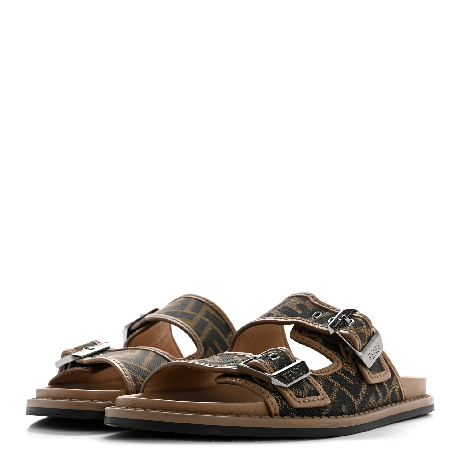 Fendi Fabric Jacquard Nappa FF Mens Fendi Feel Buckled Slide Sandals 5 Tobacco Black Miele Scuro 4 of 10