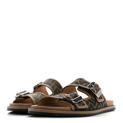 Fendi Fabric Jacquard Nappa FF Mens Fendi Feel Buckled Slide Sandals 5 Tobacco Black Miele Scuro 4 of 10