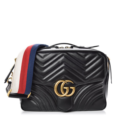 Gucci Calfskin Matelasse Sylvie Web Small GG Marmont Top Handle Shoulder Bag Black 1 of 10