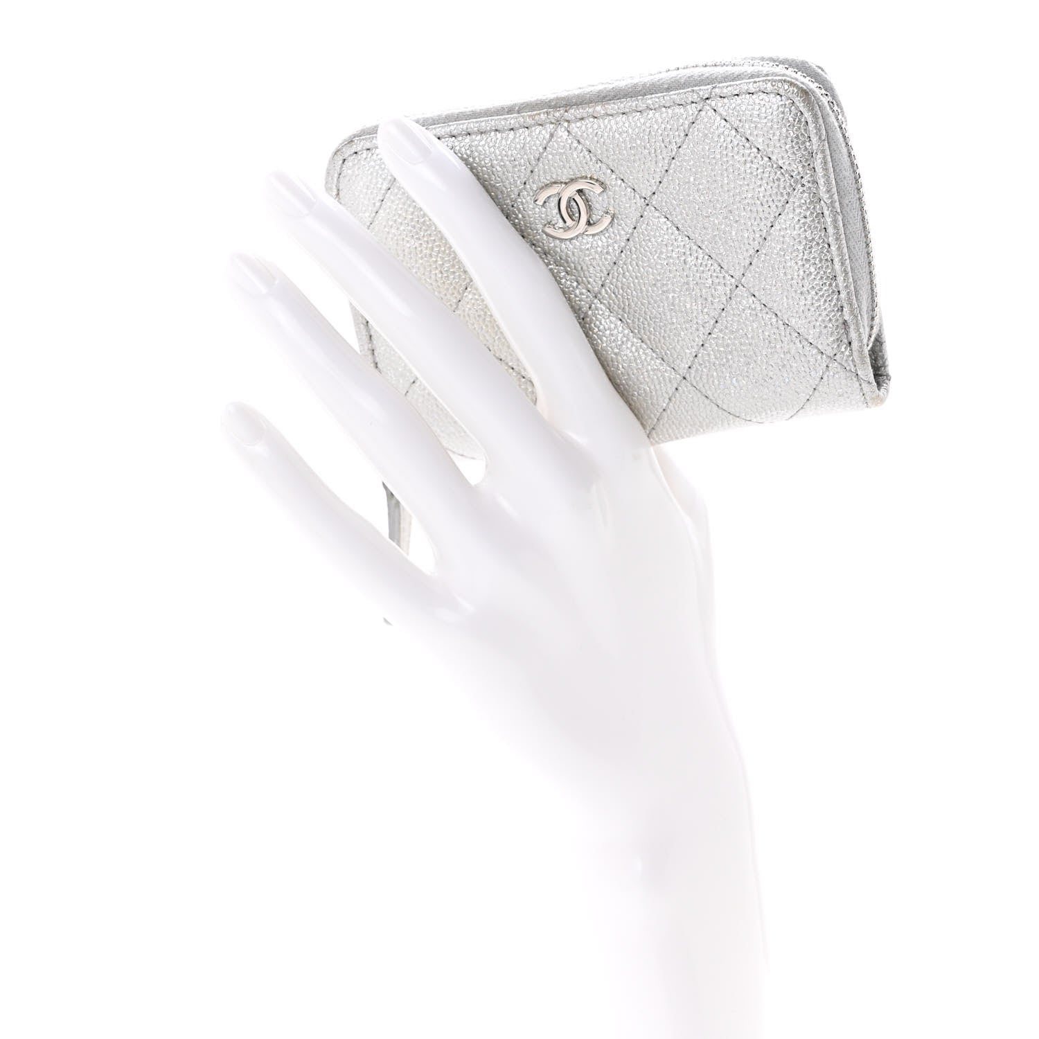 Chanel Glittered Metallic Caviar Quilted Zip Coin Purse Wallet Silver 2 of 10
