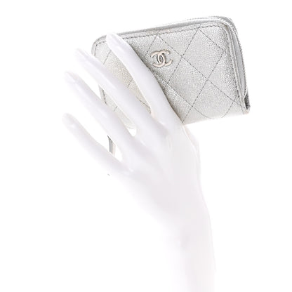 Chanel Glittered Metallic Caviar Quilted Zip Coin Purse Wallet Silver 2 of 10