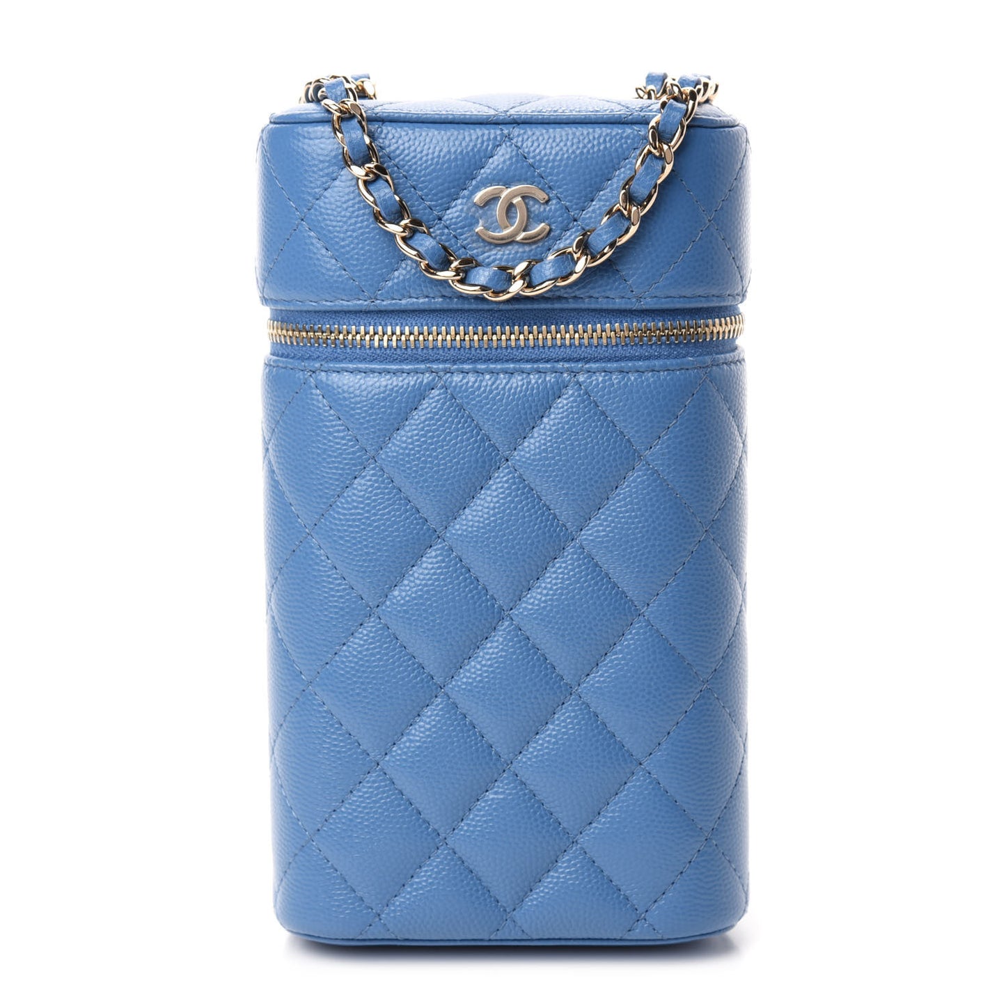 Caviar Quilted Phone Holder With Chain Blue