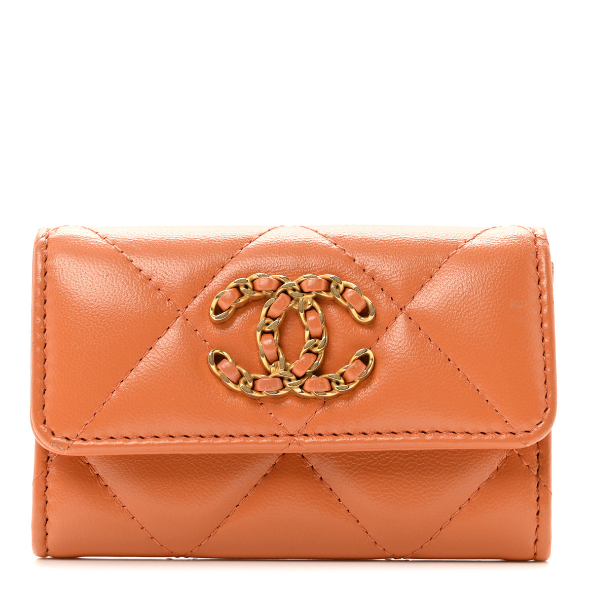 Lambskin Quilted Chanel 19 Flap Card Holder Brown