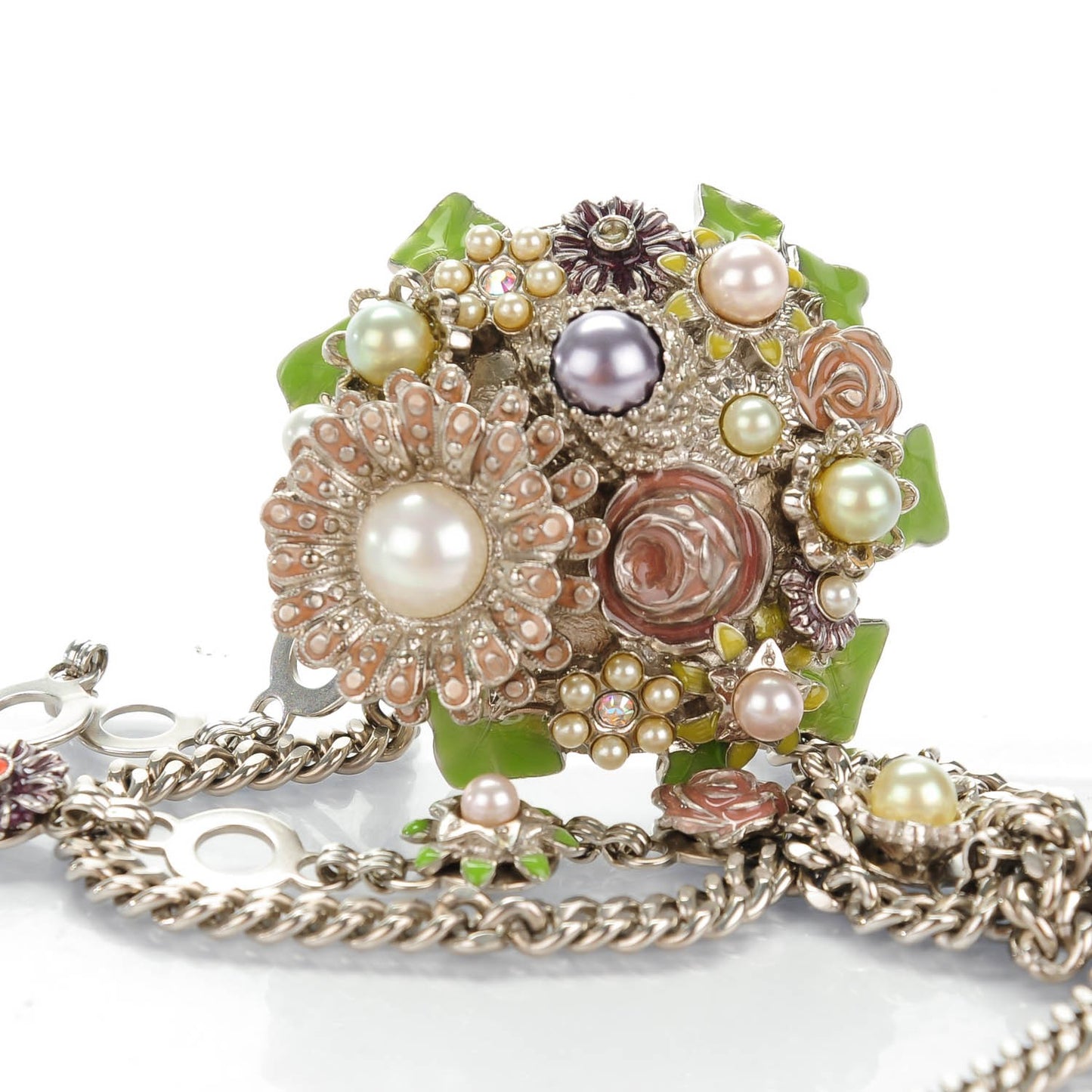 Crystal Enamel Pearl Flower CC Belt Silver