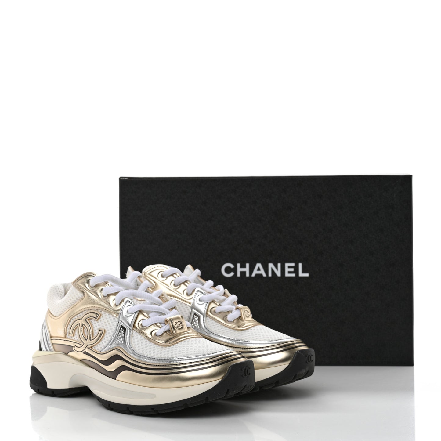 Fabric Laminated Calfskin Stretch CC Sneakers 36 White Gold Silver