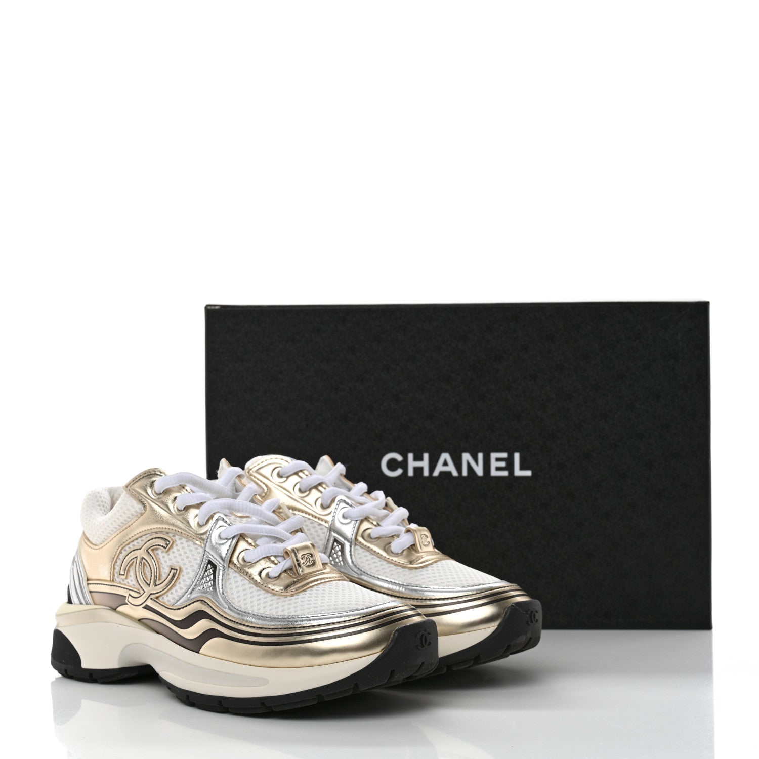 Chanel Fabric Laminated Calfskin Stretch CC Sneakers 36 White Gold Silver 9 of 9