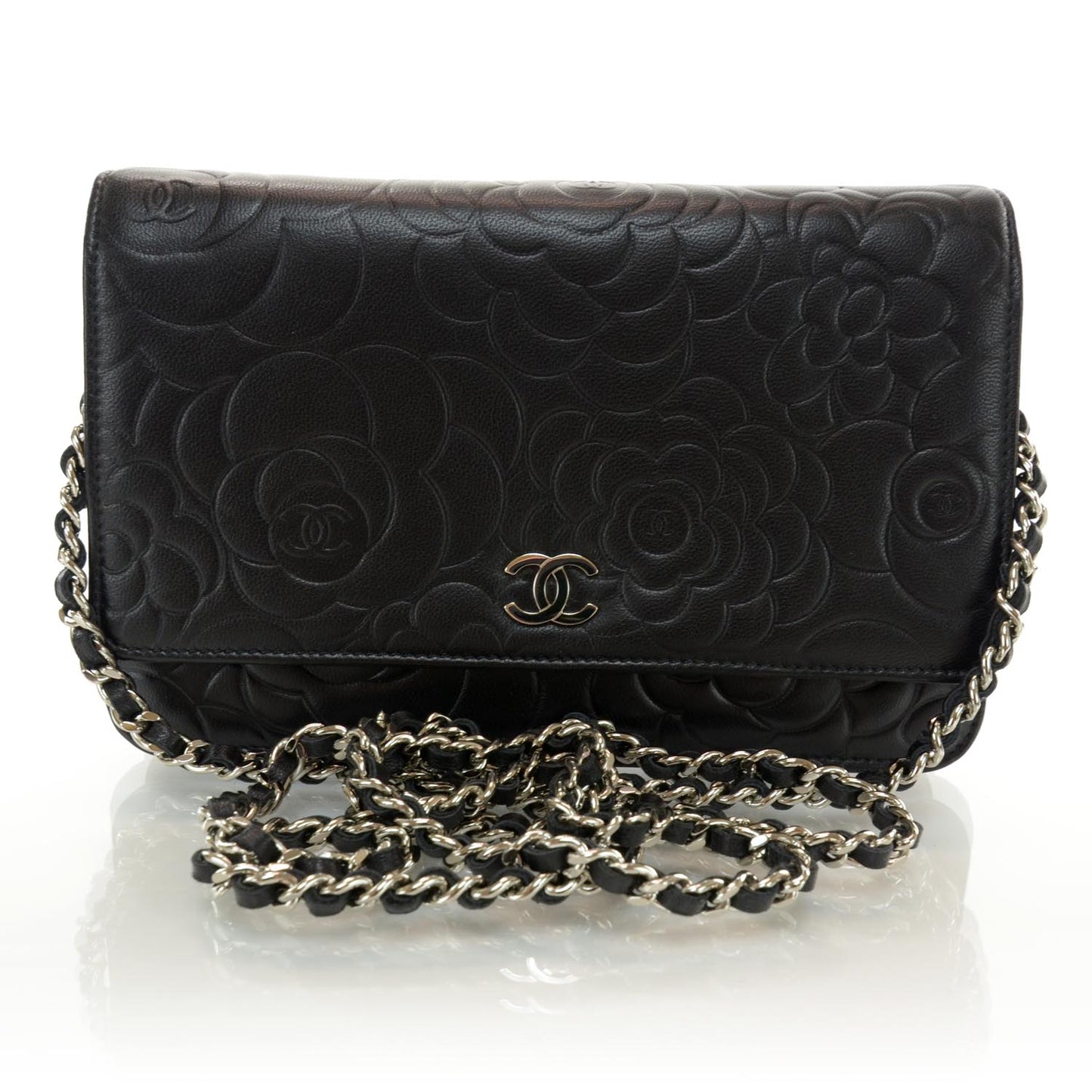 Lambskin Camellia Wallet on Chain WOC Black