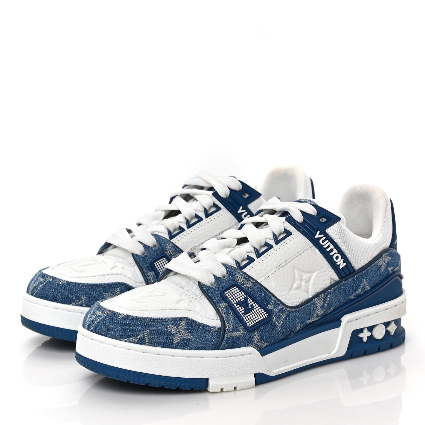 Calfskin Embossed Monogram Denim Womens LV Trainer Sneakers 36.5 Blue