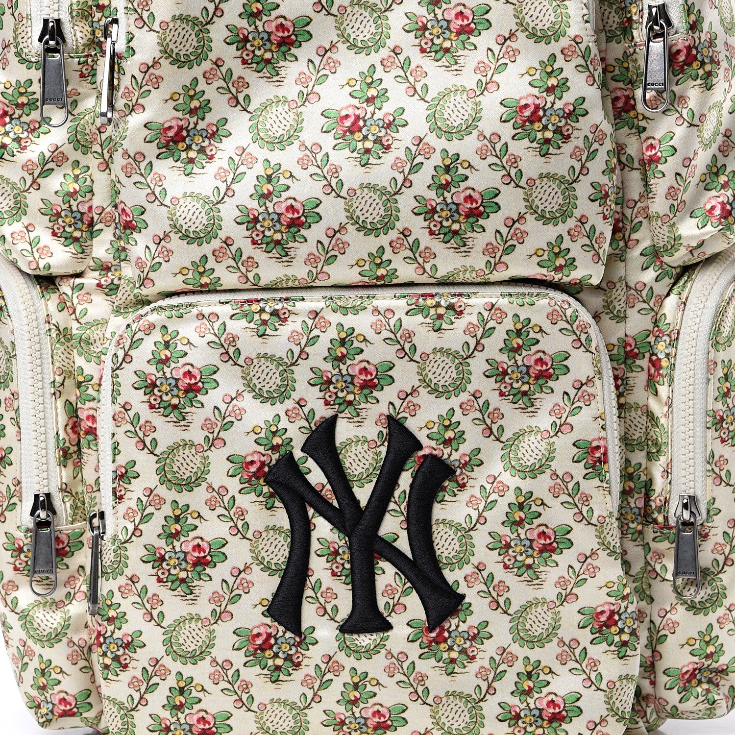 Gucci X MLB Satin Floral Print NY Yankees Patch Backpack Ivory Green 8 of 10