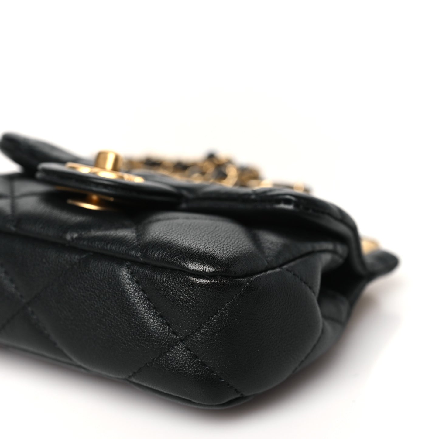 Calfskin Quilted Lady Handle Clutch With Chain Black