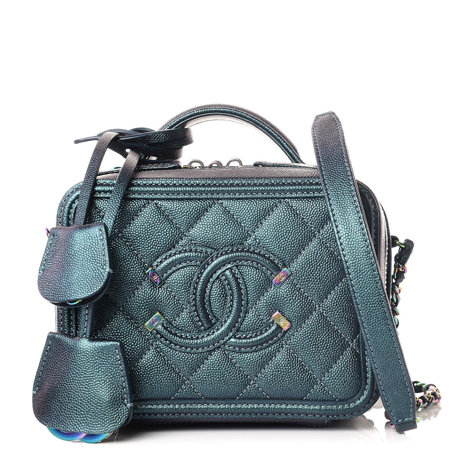 Chanel Iridescent Caviar Quilted Small CC Filigree Vanity Case Dark Turquoise 1 of 8