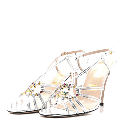 Gucci Metallic Nappa Silk Crystal GG Isa Ankle Strap Mid Heel Sandals 39.5 Silver 4 of 10