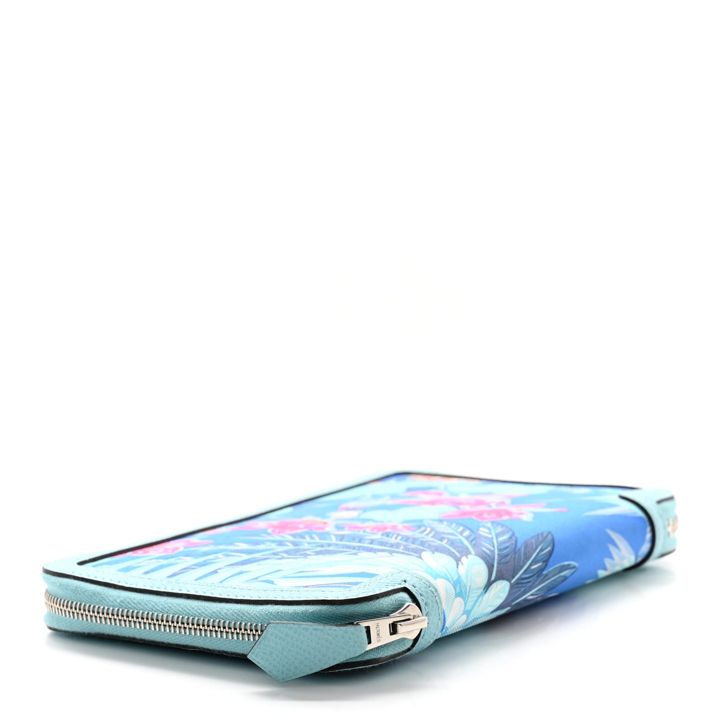 Epsom Printed Silk Flamingo Party Soie-Cool Wallet Mykonos Bleu Atoll