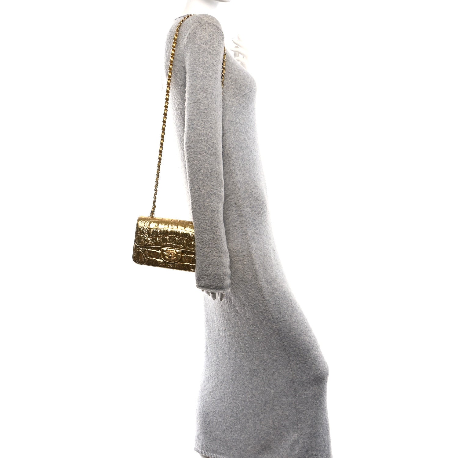 Chanel Metallic Calfskin Crocodile Embossed Cocodile Rectangular Mini Flap Gold 2 of 10
