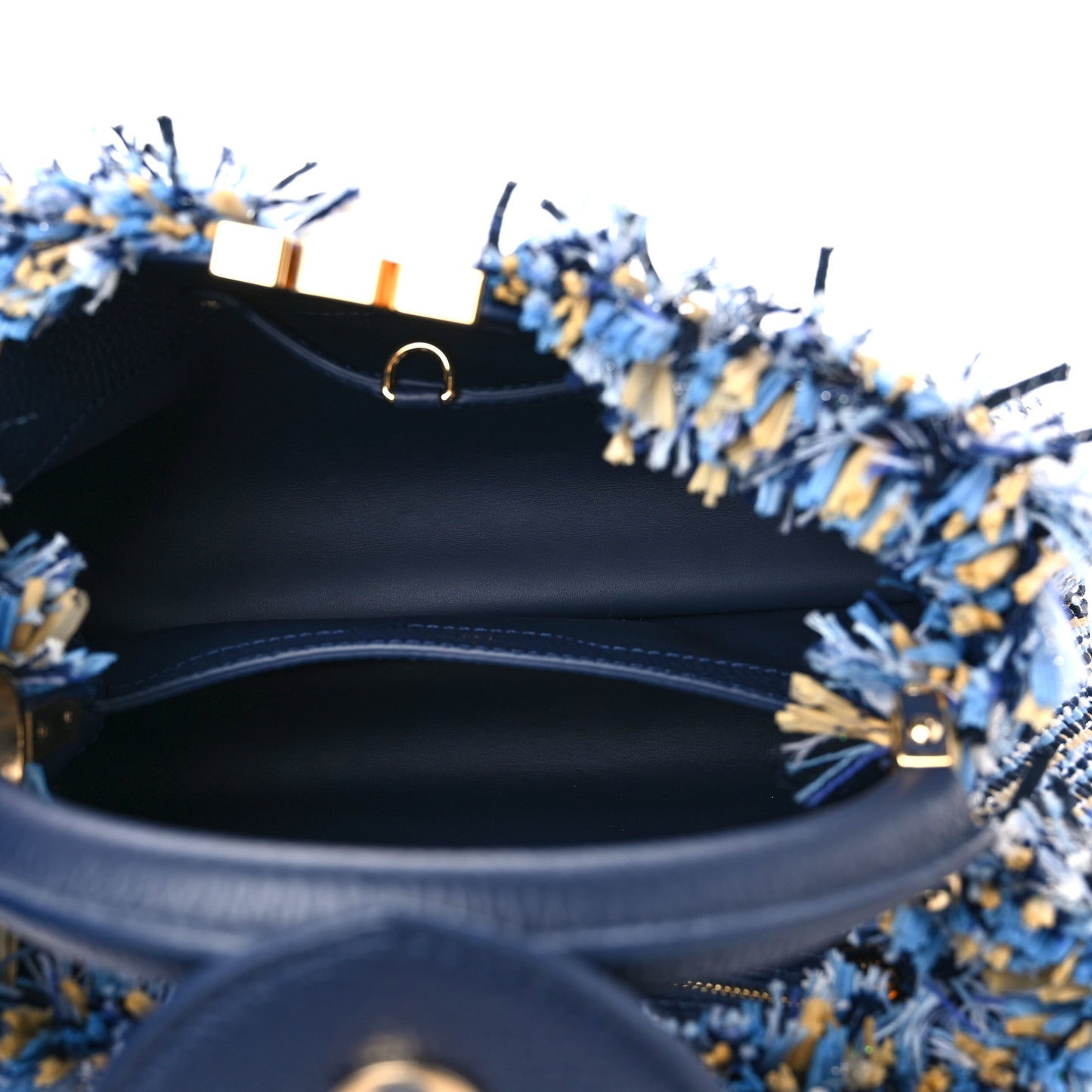 Tweed Raffia Calfskin Capucines MM Multicolor Navy