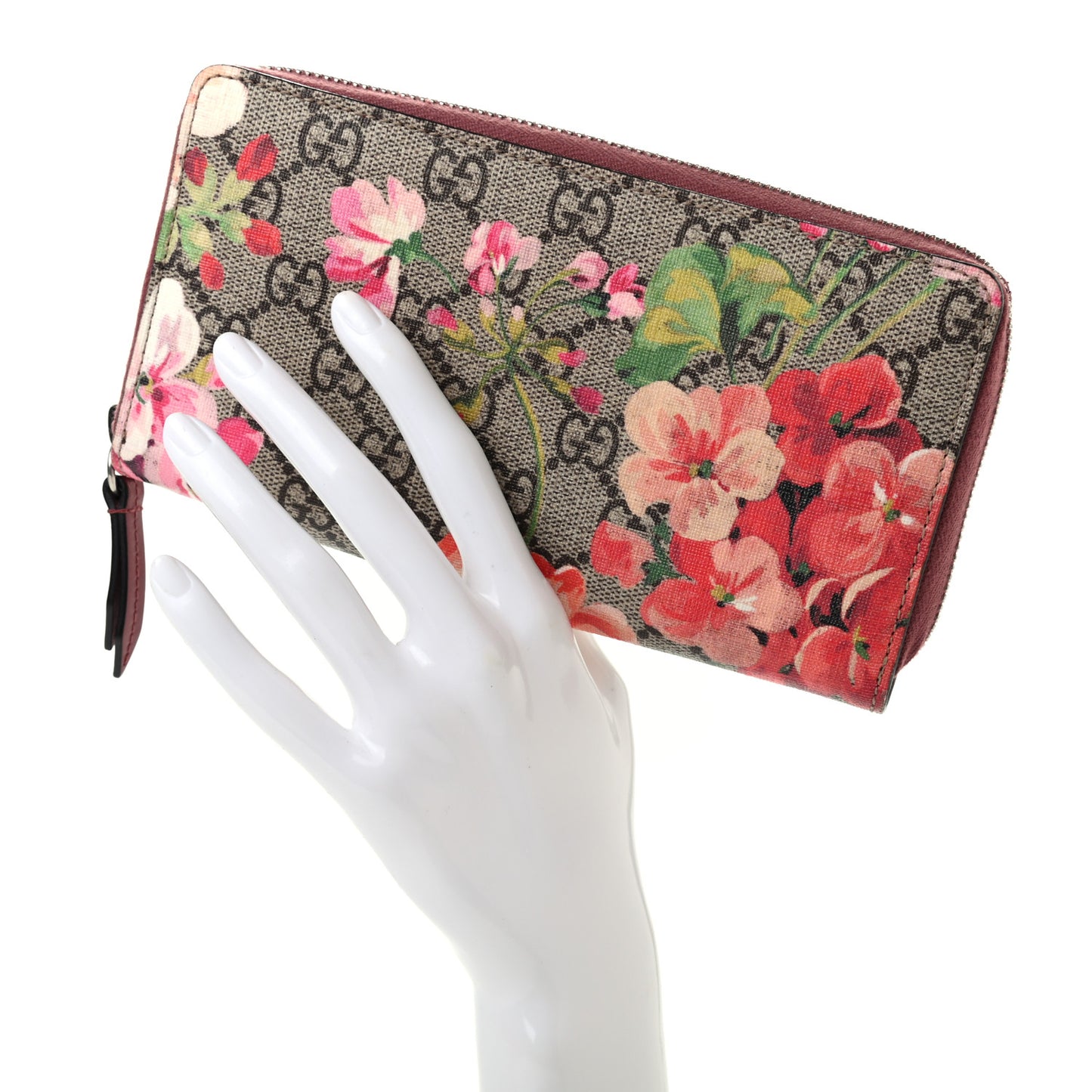 GG Supreme Monogram Blooms Zip Around Wallet Beige Multicolor Dry Rose