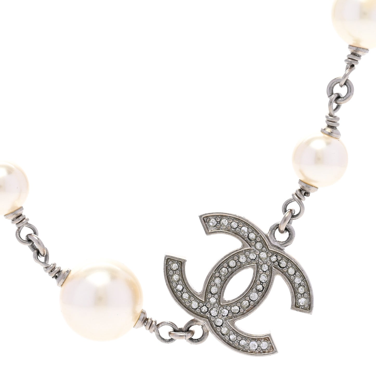 Graduated Pearl Crystal CC Long Necklace Silver