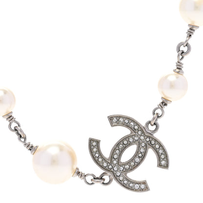 Chanel Graduated Pearl Crystal CC Long Necklace Silver 4 of 5