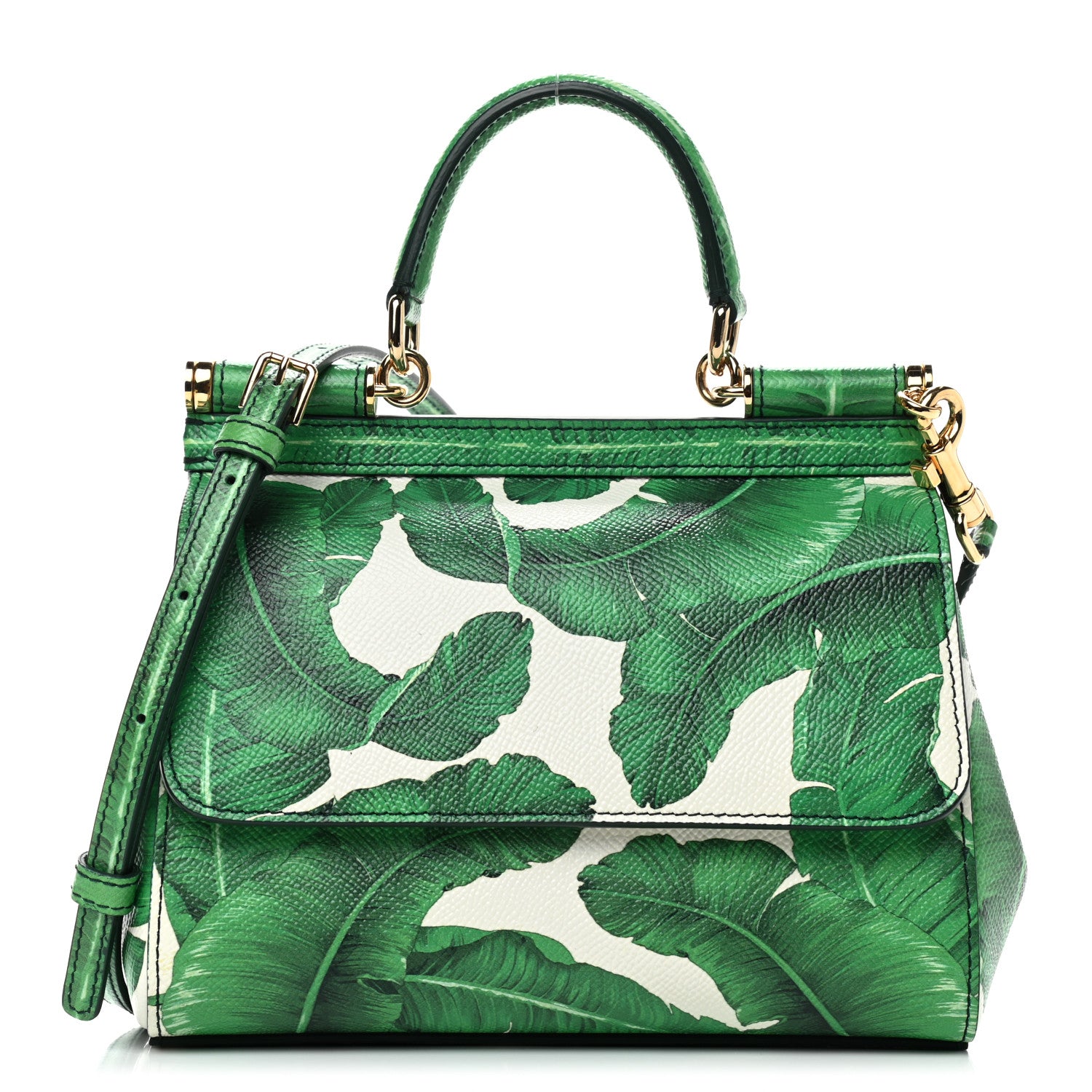 Dolce & Gabbana Dauphine Banana Leaf Print Small Miss Sicily Satchel Green White 1 of 7
